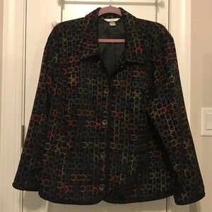 Beautiful CJ Banks fully lined woven blazer in multicolor circles on black (2X)